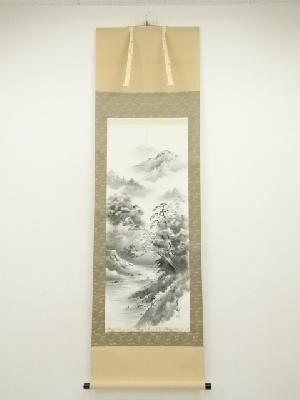 華邦筆　山紫舟人　水墨山水　肉筆絹本掛軸（共箱）